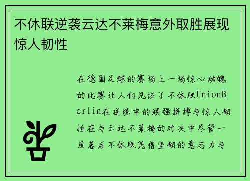 不休联逆袭云达不莱梅意外取胜展现惊人韧性