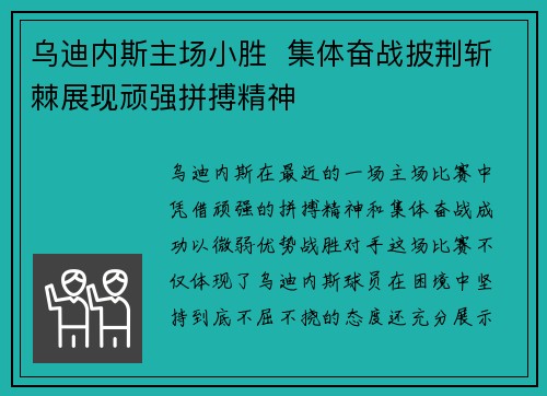 乌迪内斯主场小胜  集体奋战披荆斩棘展现顽强拼搏精神