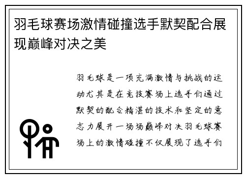 羽毛球赛场激情碰撞选手默契配合展现巅峰对决之美