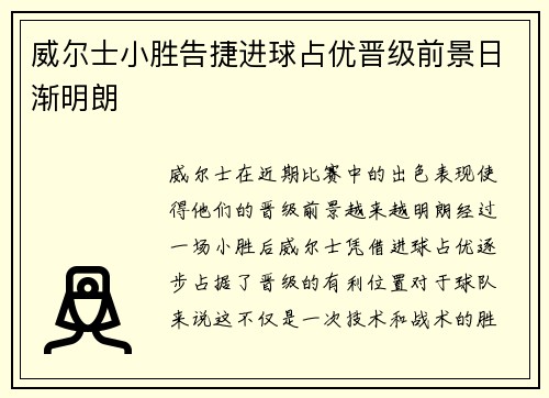 威尔士小胜告捷进球占优晋级前景日渐明朗